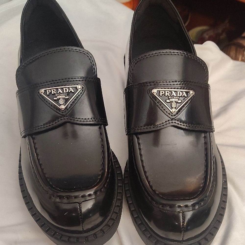 Prada Black Leather Loafers with Triangle Logo
